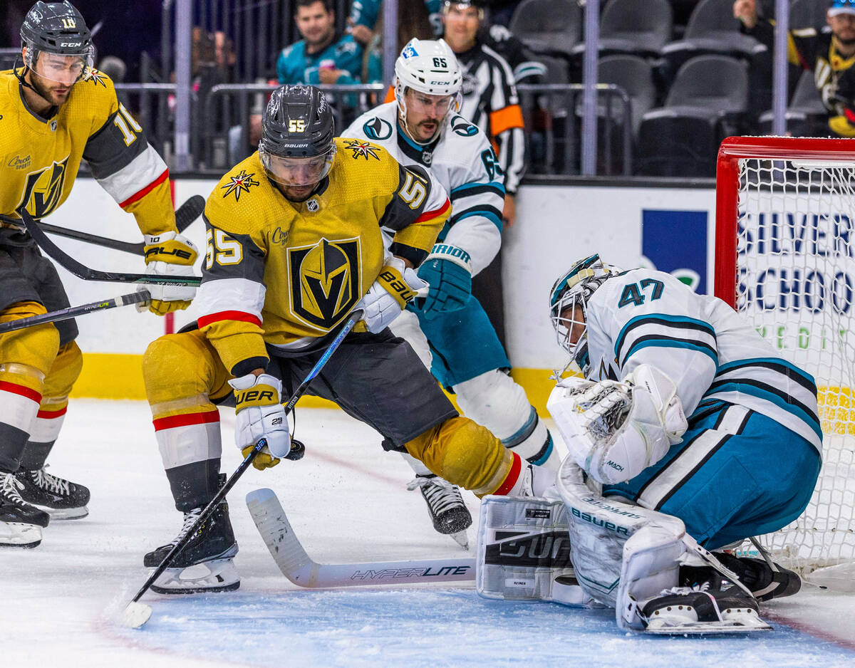 Golden Knights right wing Keegan Kolesar (55) eyes a shot close in as San Jose Sharks goaltende ...