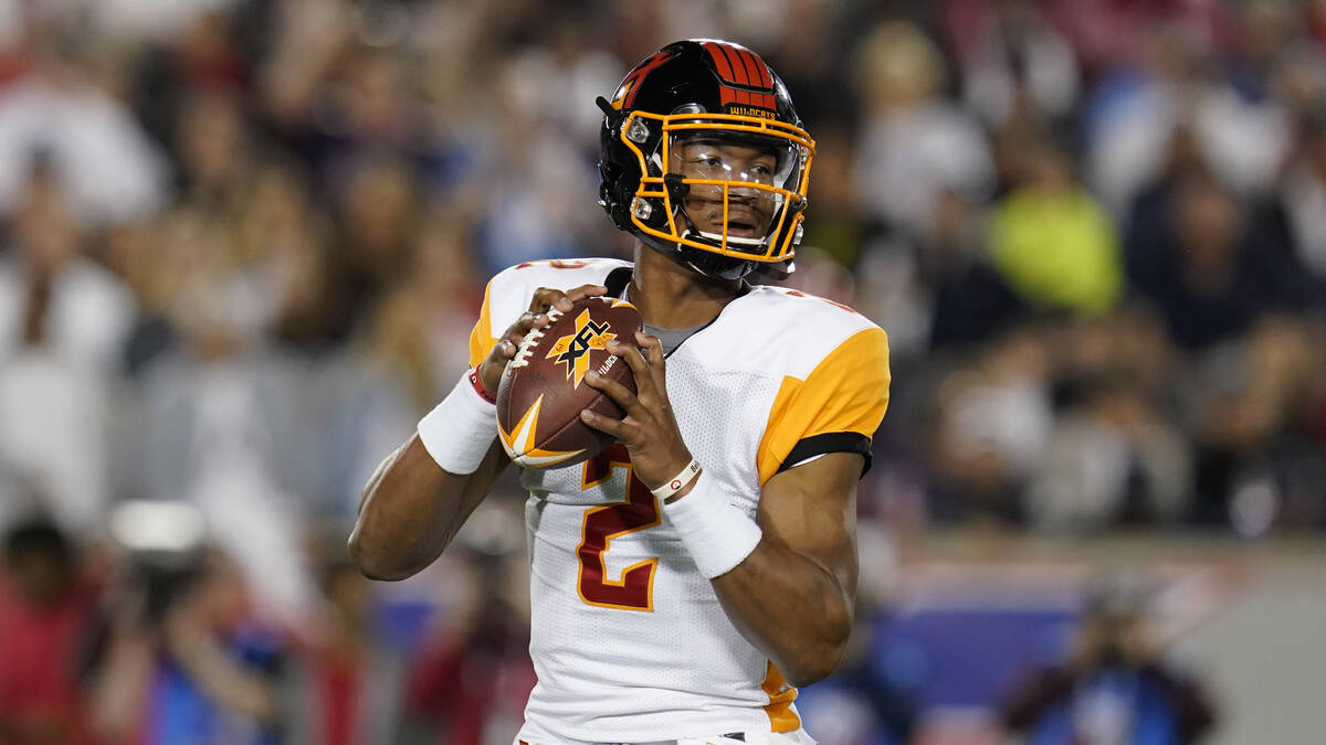 Los Angeles Wildcats quarterback Jalan McClendon (2) looks to pass during an XFL football game, ...