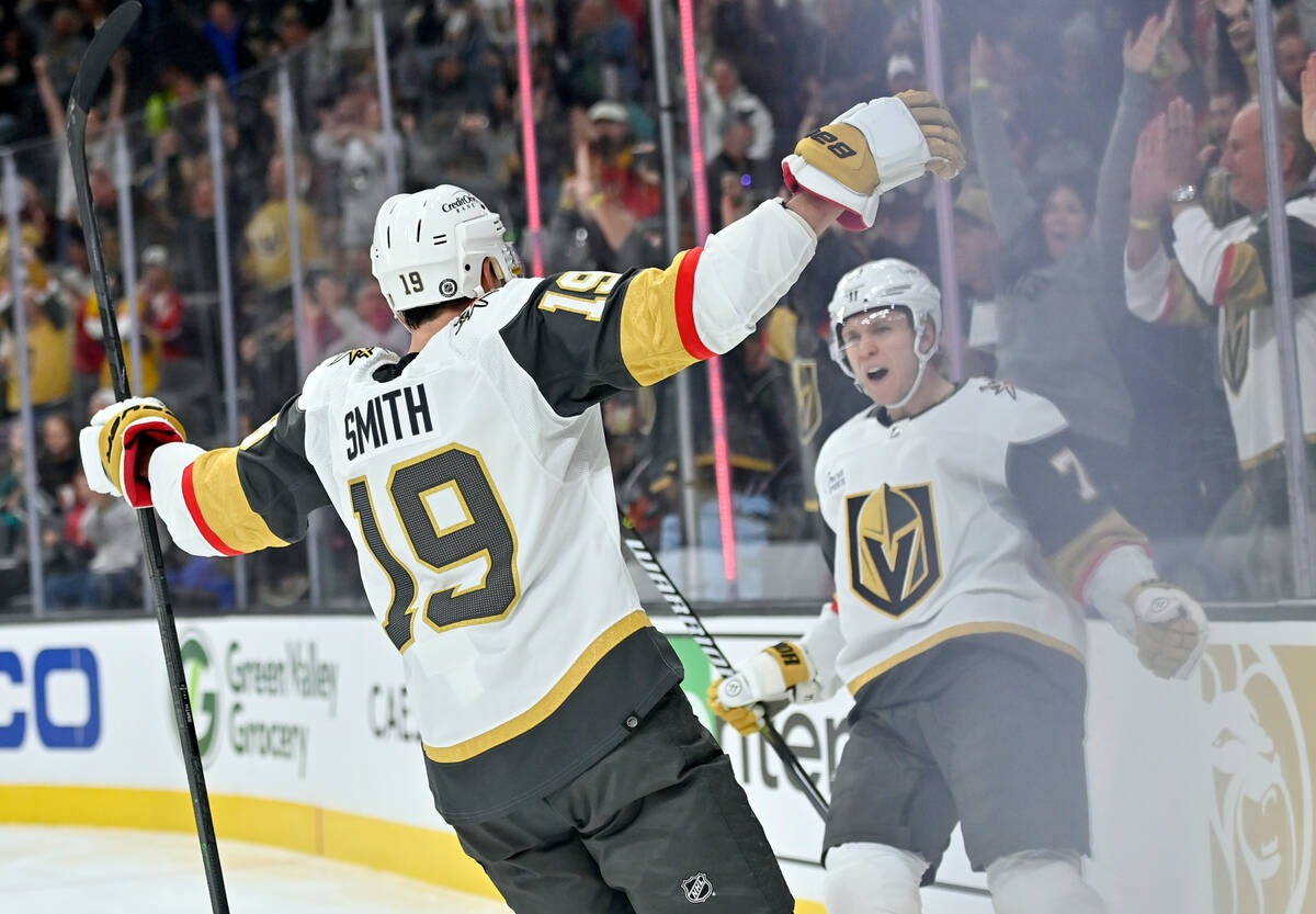 Vegas Golden Knights right wing Reilly Smith (19) reacts after his short-handed goal against th ...