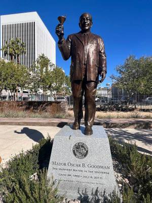 A bronze statue of former Las Vegas Mayor Oscar Goodman is shown at Historic Fifth Street Schoo ...