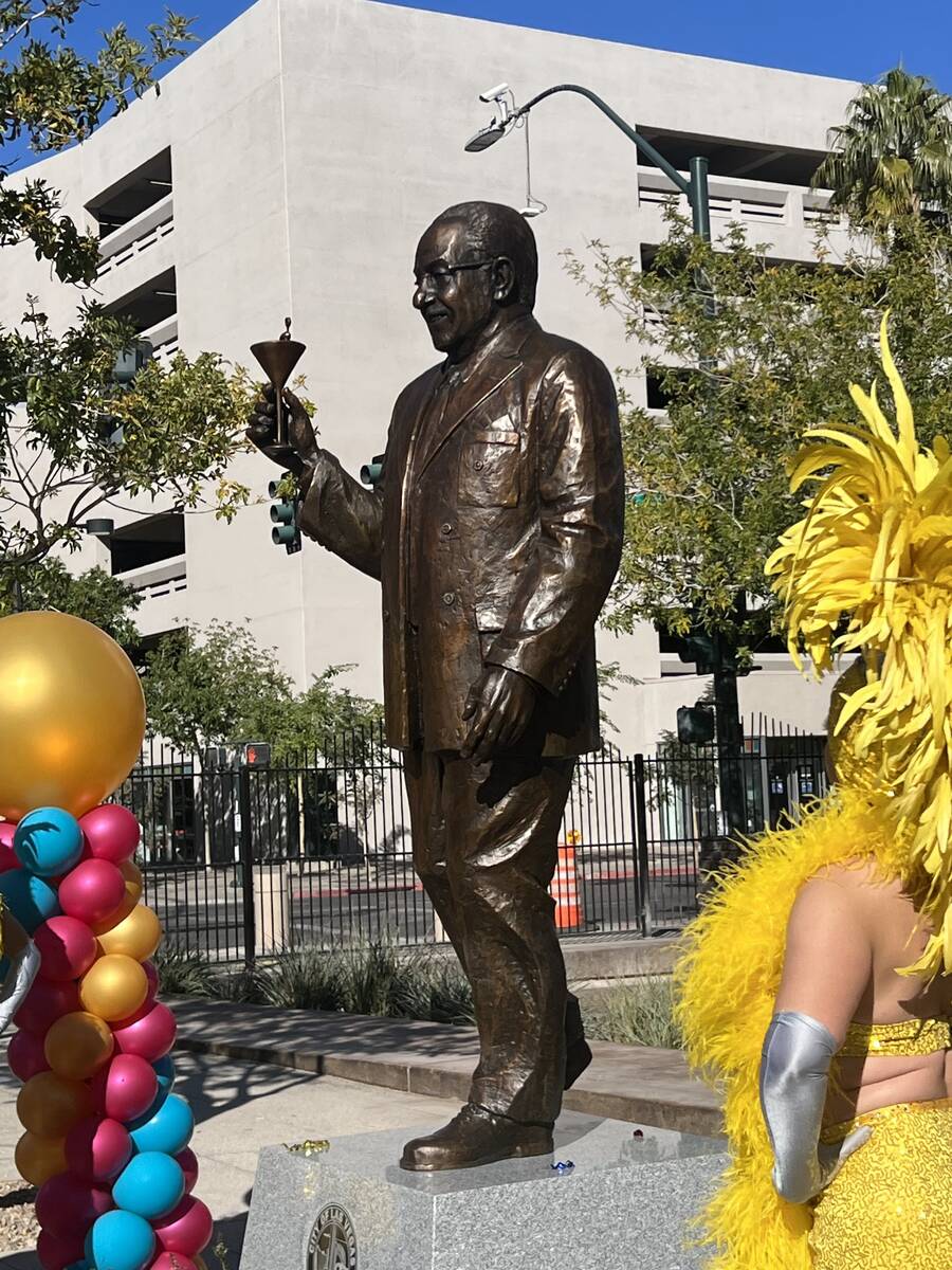 A bronze statue of former Las Vegas Mayor Oscar Goodman is shown at Historic Fifth Street Schoo ...