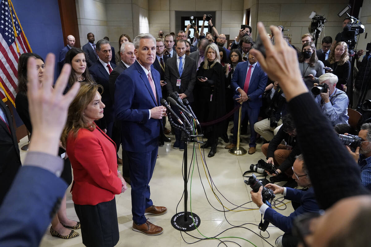 House Minority Leader Kevin McCarthy, R-Calif., takes questions from journalists after winning ...