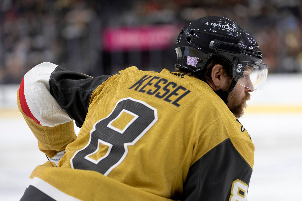 Golden Knights center Phil Kessel (8) prepares to face off against the Coyotes during the first ...