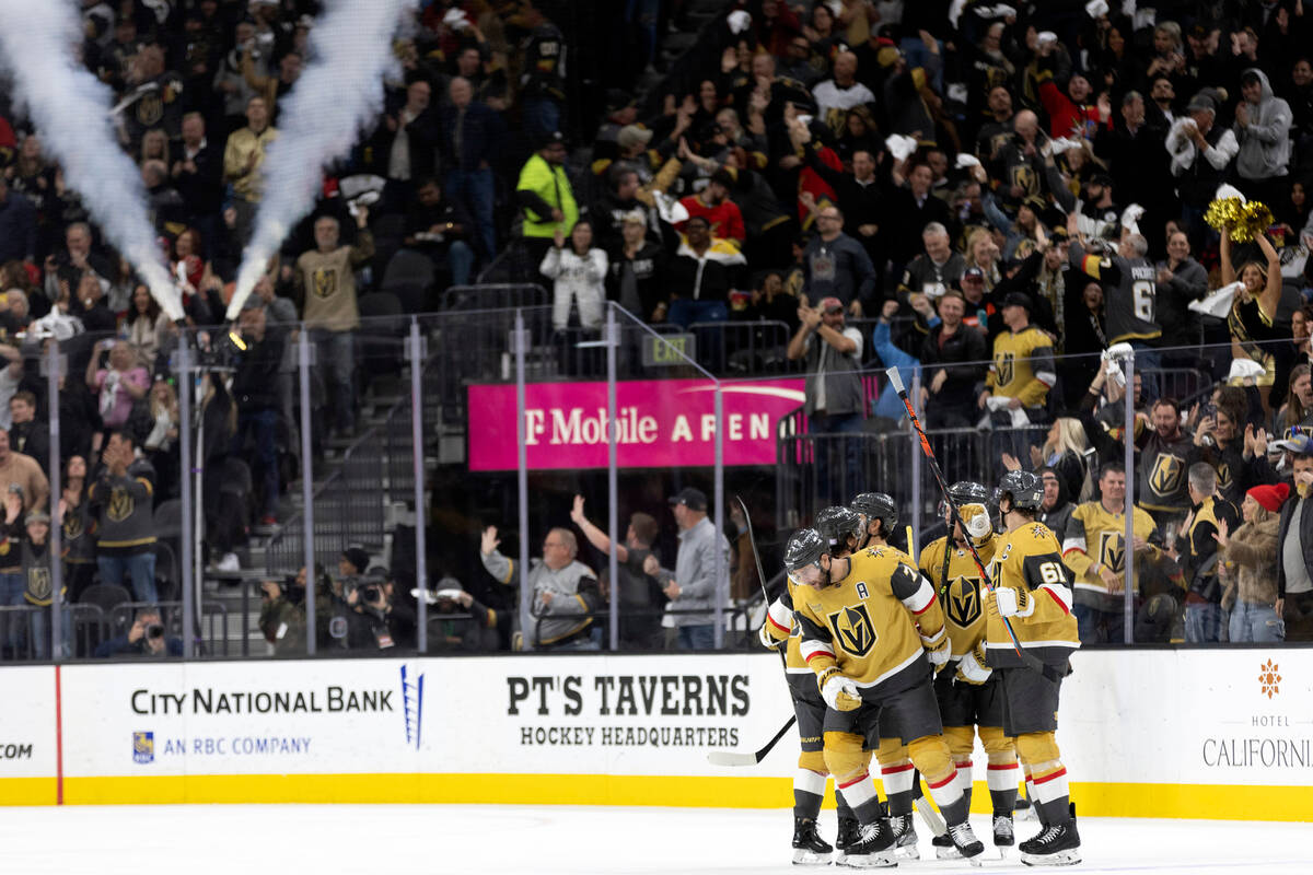 The Golden Knights celebrate after defenseman Alex Pietrangelo (7) scored a goal during the sec ...