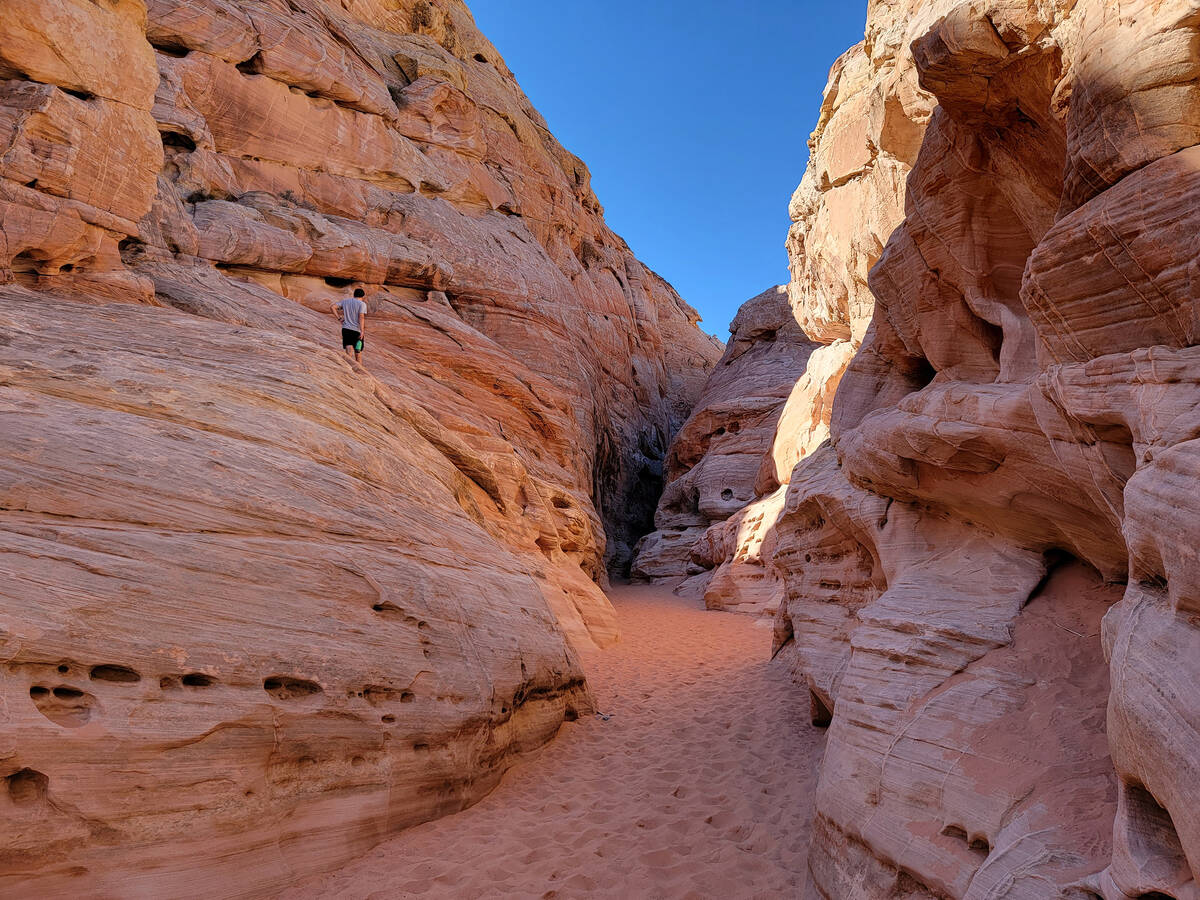 A scenic slot canyon is among the highlights of Valley of Fire State Park’s White Domes ...