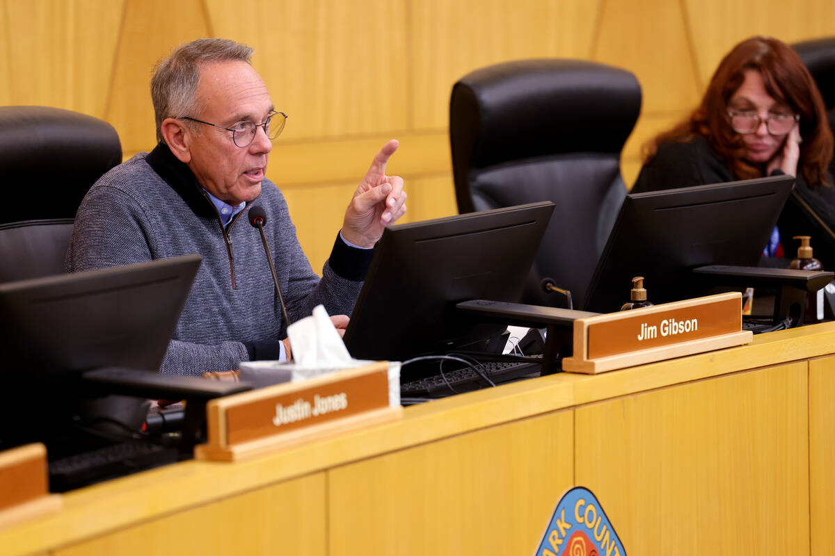 Clark County Commission Chairman Jim Gibson speaks during a commission meeting at the Clark Cou ...