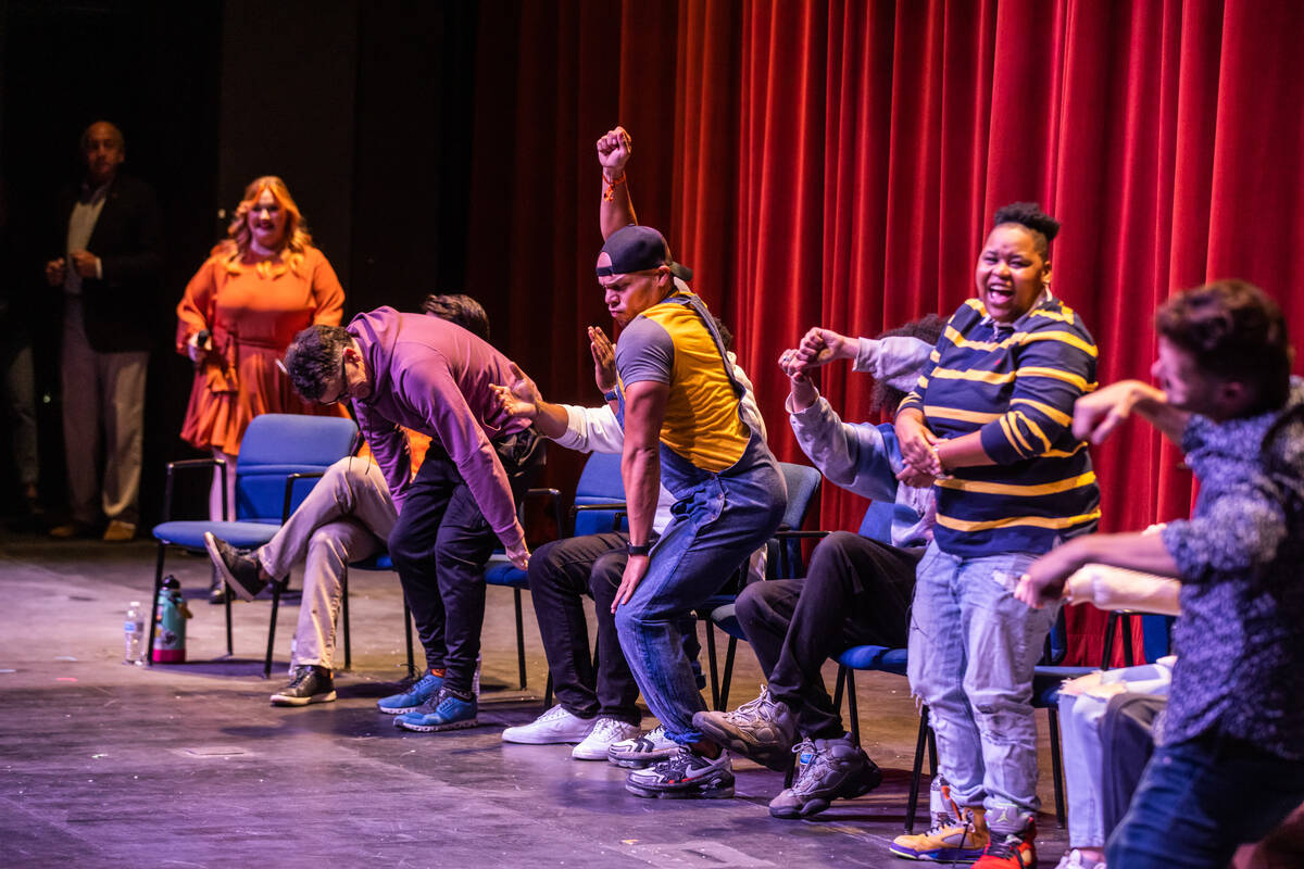Members of the "Freestyle Love Supreme" cast appear at Las Vegas Academy of the Arts on Friday, ...