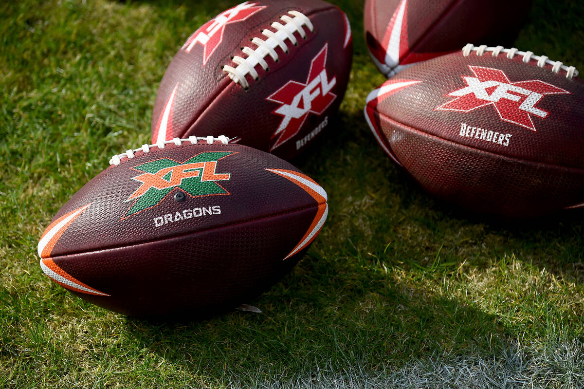 A detailed view of official XFL footballs during the first half of an XFL football game between ...