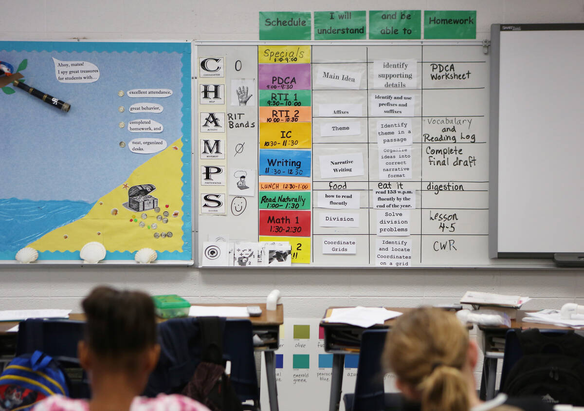 Expectations and rules for students are posted in the front of Steve Armitage’s 5th grade cla ...