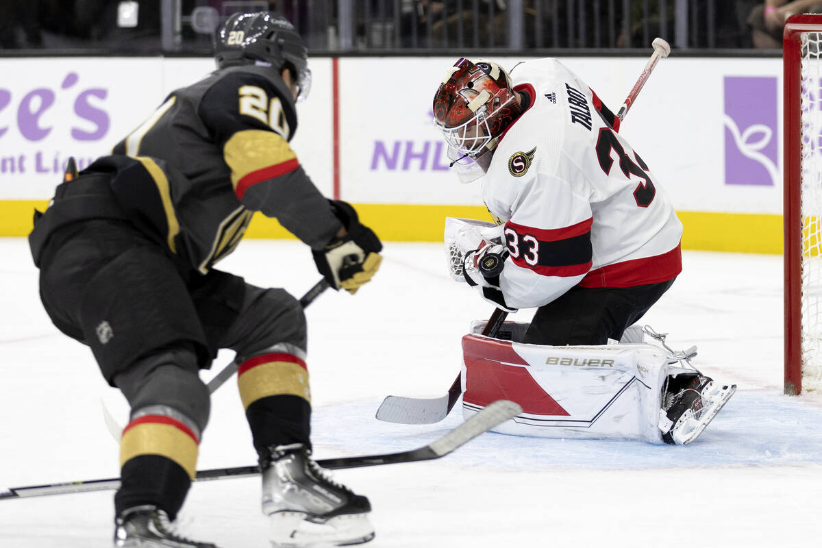 Senators goaltender Cam Talbot (33) saves a shot on goal by Golden Knights center Chandler Step ...