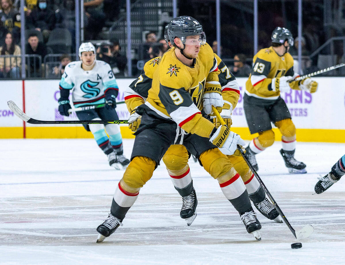 Golden Knights center Jack Eichel (9) takes another shot at goal versus the Seattle Kraken duri ...