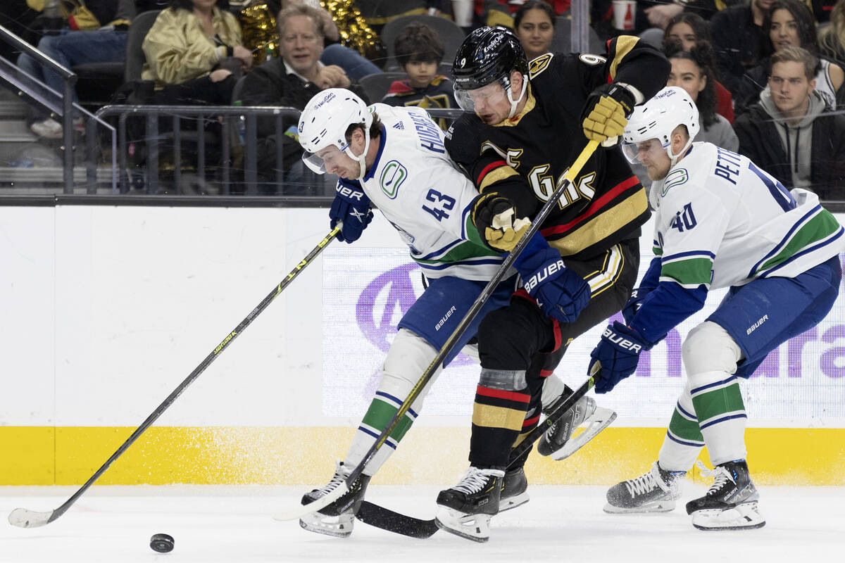 Canucks defenseman Quinn Hughes (43) and center Elias Pettersson (40) thwart a breakaway by Gol ...