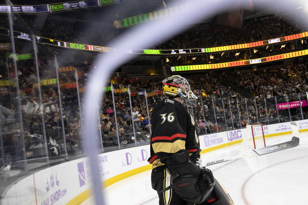 Golden Knights goaltender Logan Thompson (36) skates around the net during the first period of ...