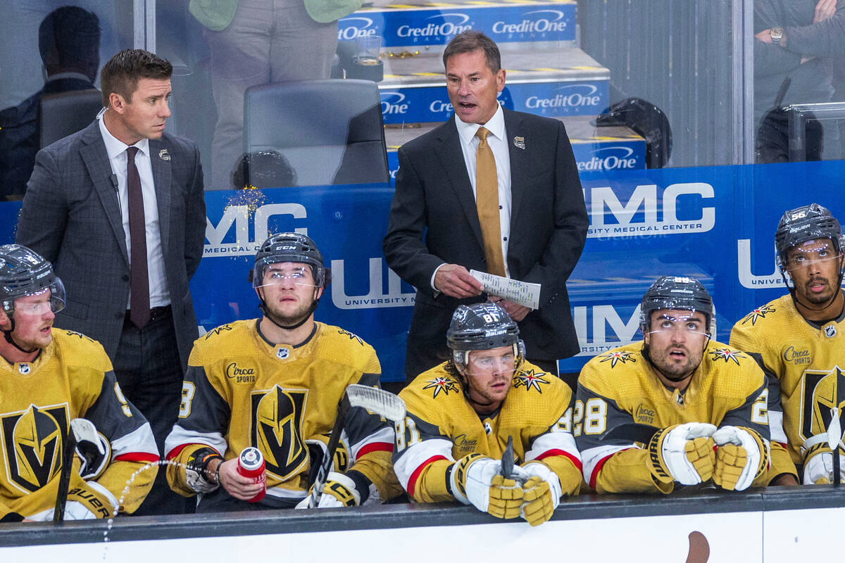 Golden Knights Head Coach Bruce Cassidy argues a late call versus the Chicago Blackhawks during ...