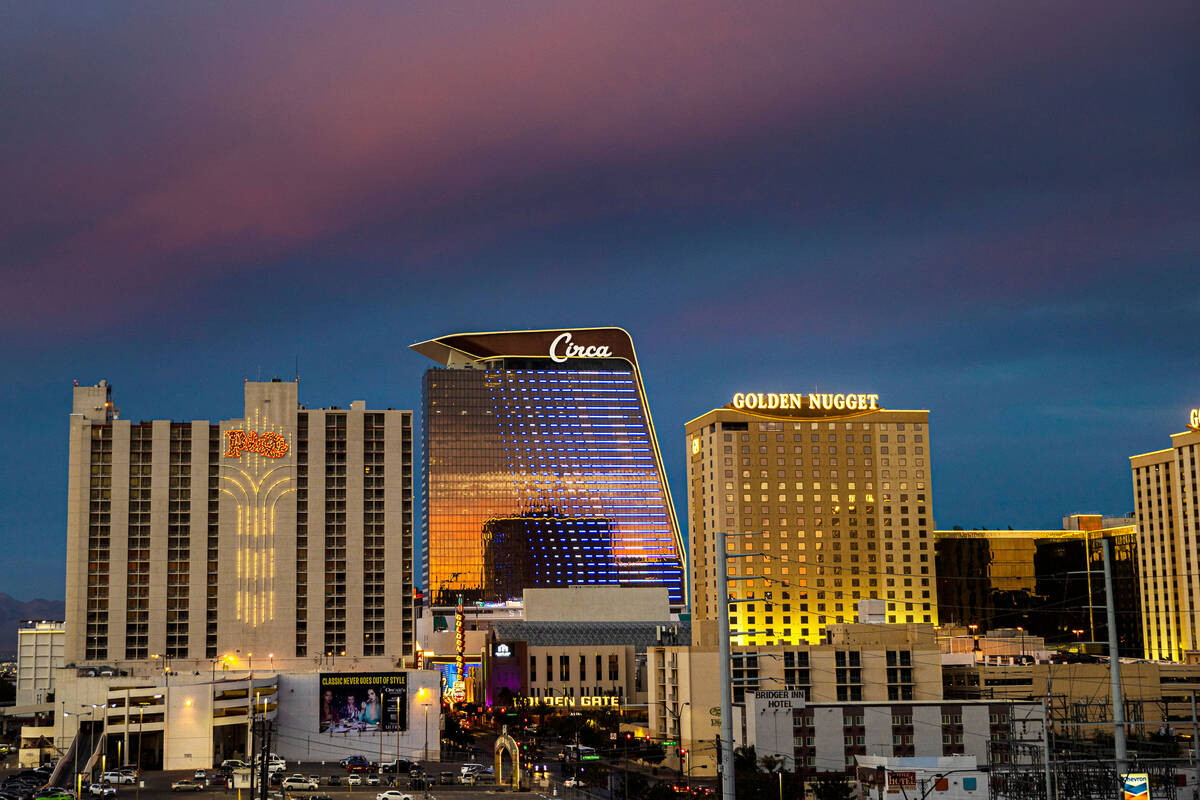 The downtown Las Vegas skyline at dusk on Wednesday, Oct. 20, 2021, in Las Vegas. (Benjamin Hag ...