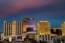 The downtown Las Vegas skyline at dusk on Wednesday, Oct. 20, 2021, in Las Vegas. (Benjamin Hag ...