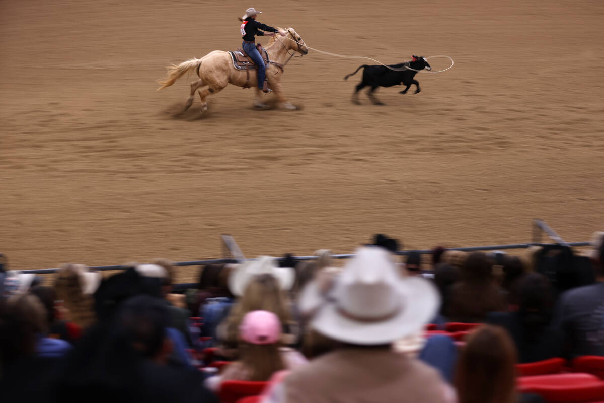 Erin Johnson competes in the women's Wrangler National Finals Breakaway Roping event at the Sou ...