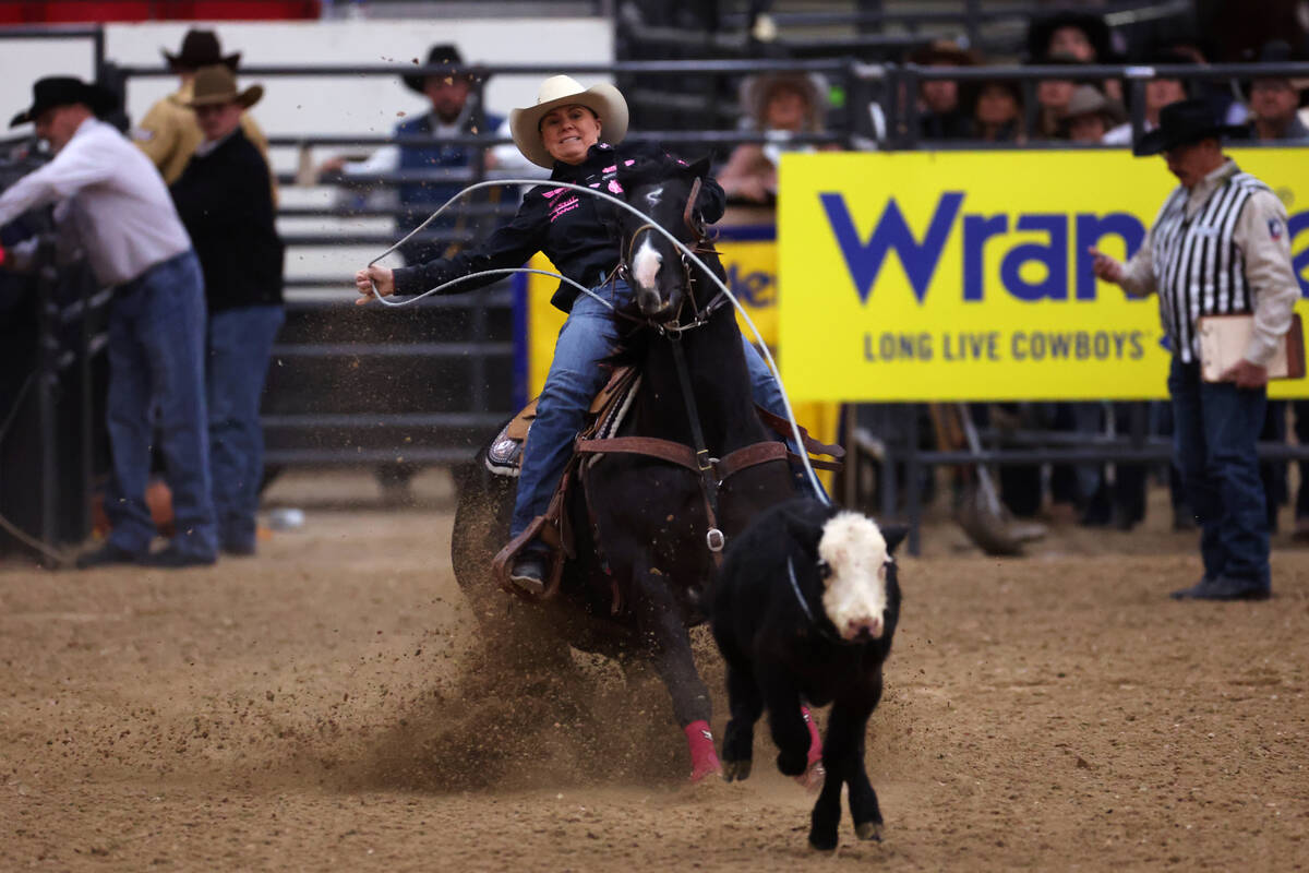 Lari Dee Guy competes in the women's Wrangler National Finals Breakaway Roping event at the Sou ...