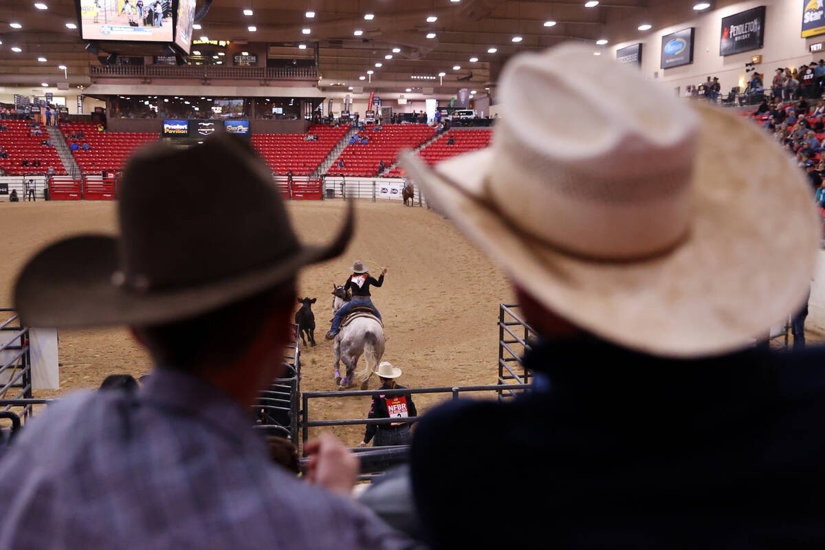 Rickie Engesser competes in the women's Wrangler National Finals Breakaway Roping event at the ...