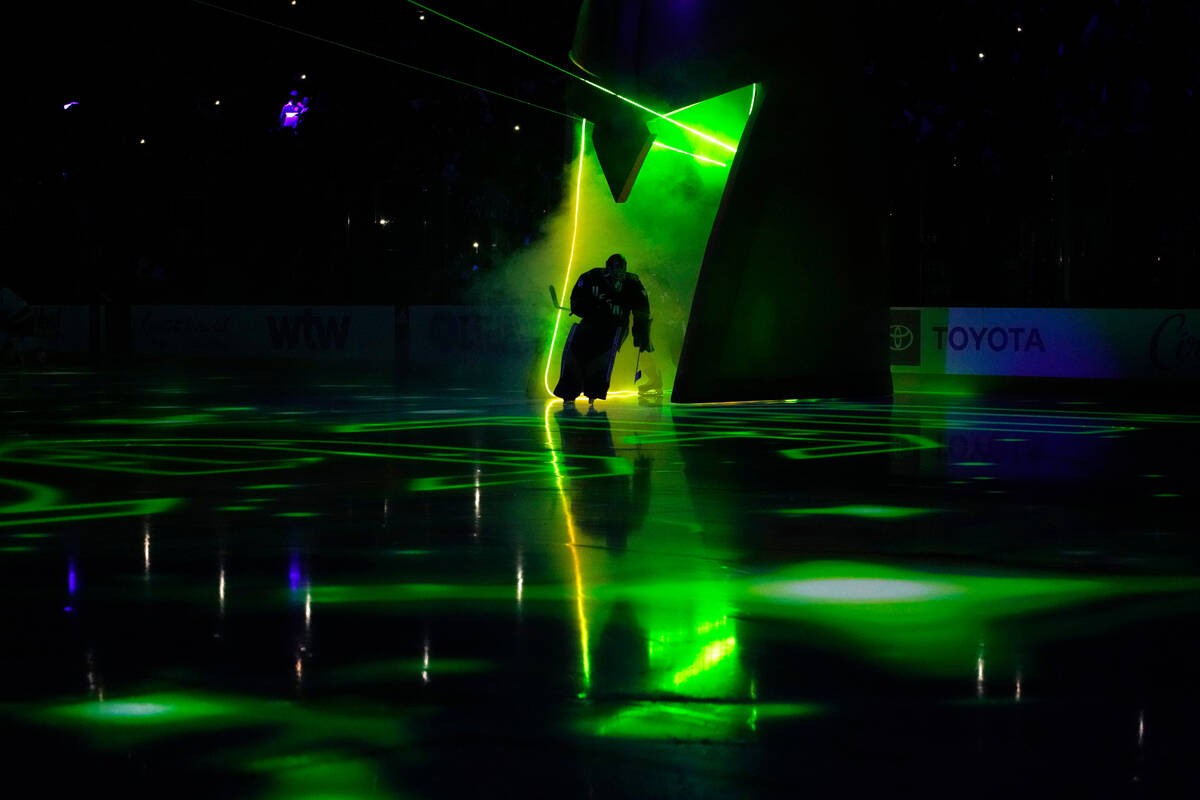 Vegas Golden Knights goaltender Logan Thompson (36) skates onto the ice before an NHL hockey ga ...