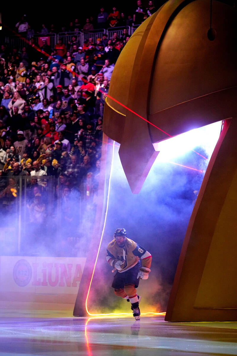 Vegas Golden Knights center Phil Kessel (8) takes the ice just before the start of their NHL ho ...