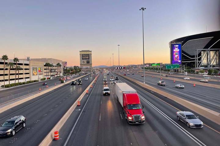 Vehicles commute on Interstate 15 near Hacienda Avenue, within the I-15-Tropicana interchange p ...