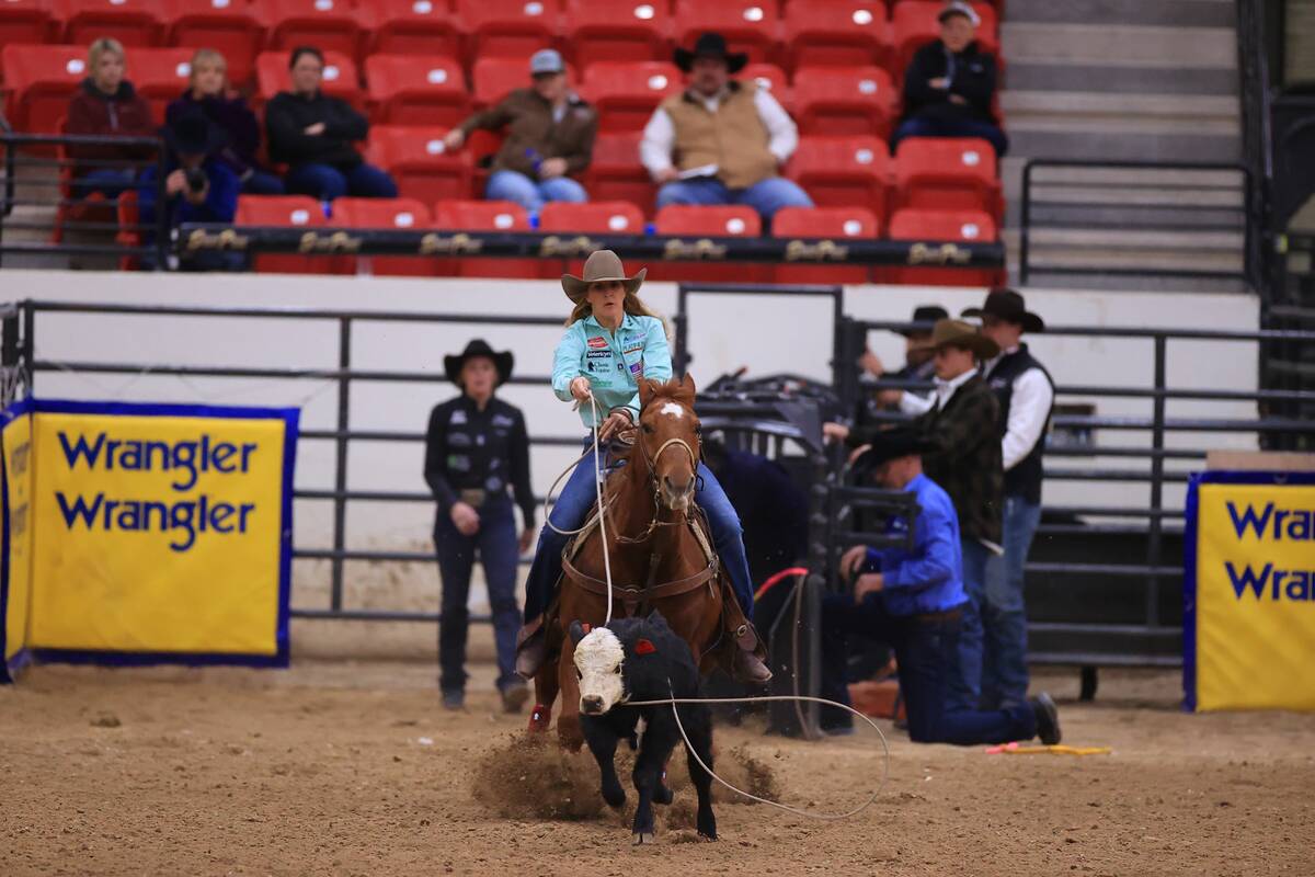 Taylor Hanchey competes in the women's Wrangler National Finals Breakaway Roping event this wee ...
