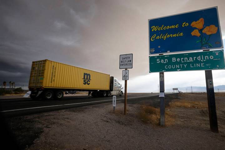 The three lanes are seen on Interstate 15 heading south out of Las Vegas near the Nevada-Califo ...