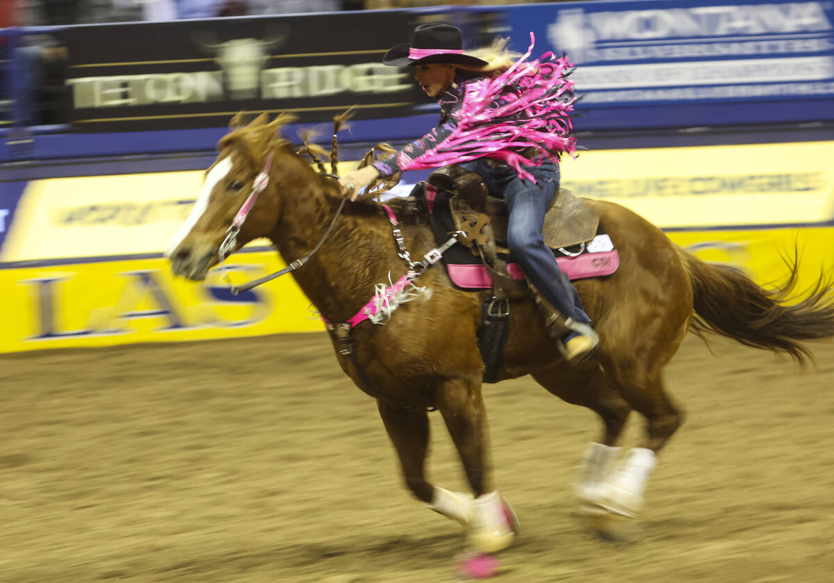 Margo Crowther, of North Fort Myers, Fla., competes in barrel racing during the fifth go-round ...