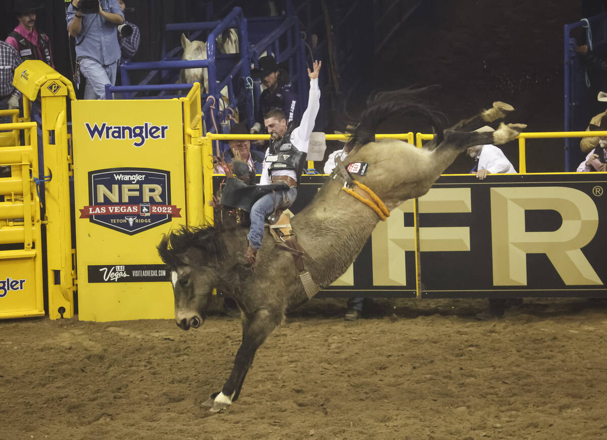 Garrett Shadbolt, of Merriman, Neb,. competes in bareback riding during the fifth go-round of t ...