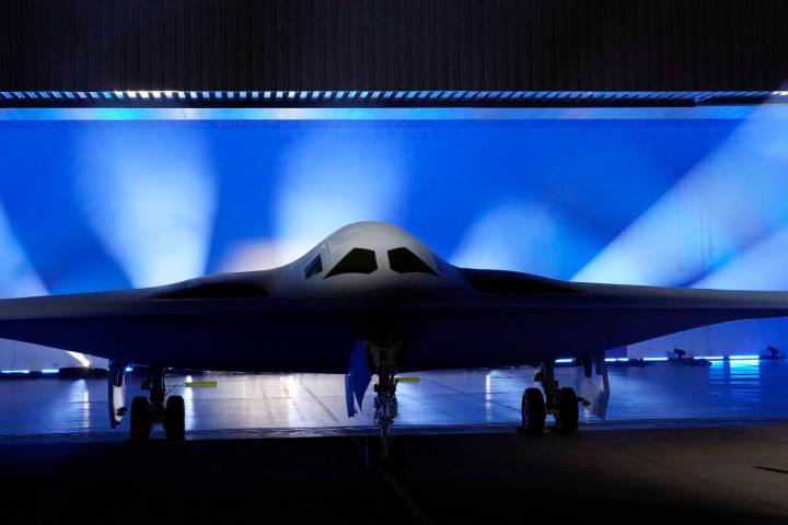 The B-21 Raider stealth bomber is unveiled at Northrop Grumman Friday, Dec. 2, 2022, in Palmdal ...