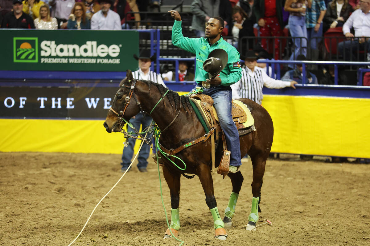 Cory Solomon reacts after his run in the tie-down roping event during the 64th Wrangler Nationa ...