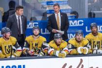 Golden Knights Head Coach Bruce Cassidy argues a late call versus the Chicago Blackhawks during ...