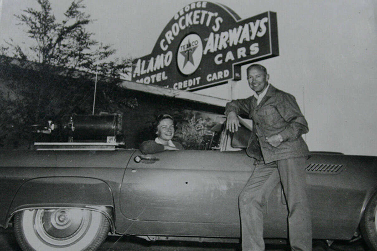 George and Peg Crockett pose in front of Alamo Airports, the airfield George opened in 1942 and ...