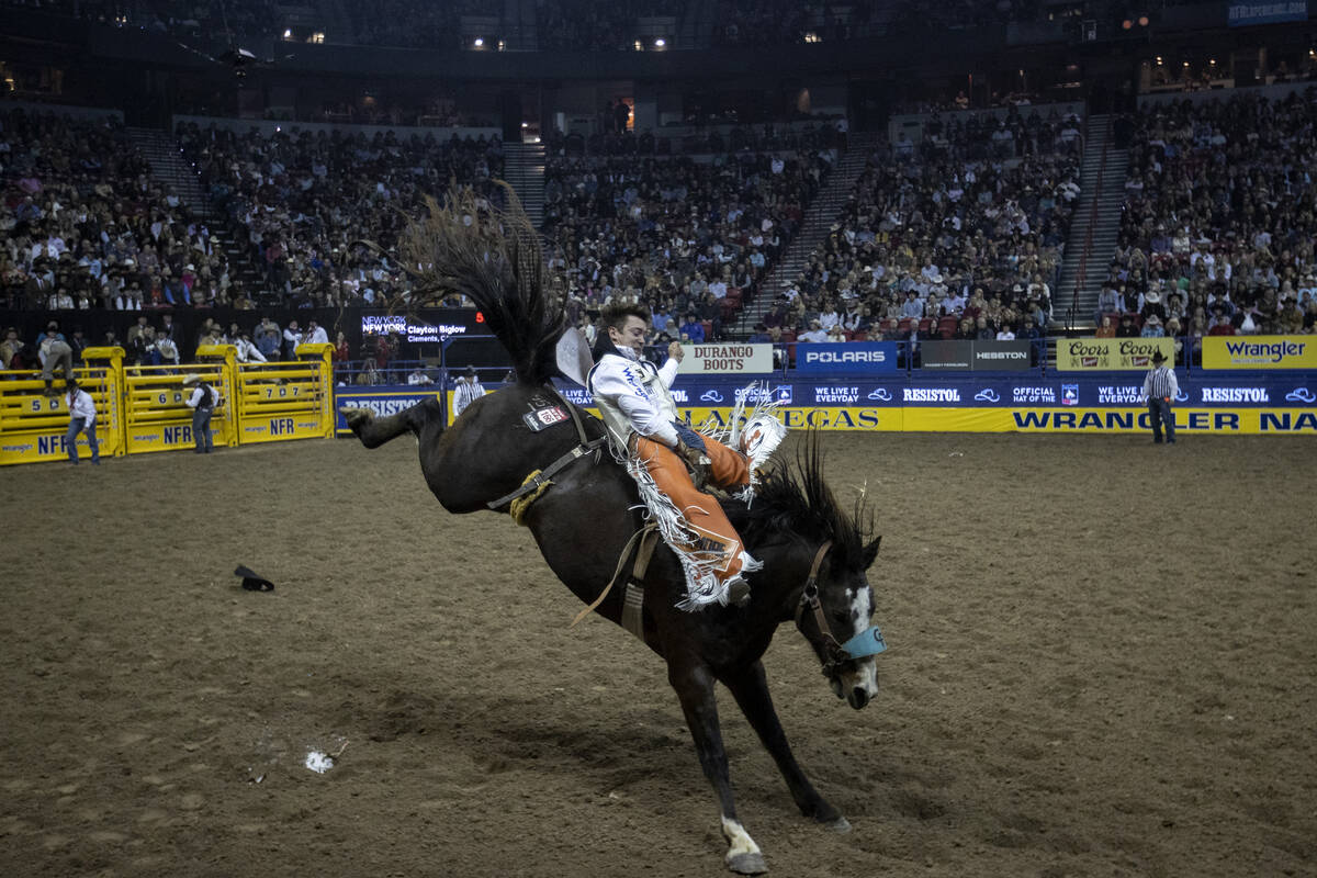 Clayton Biglow, of Clements, Calif., competes in bareback riding during the sixth go-round of t ...