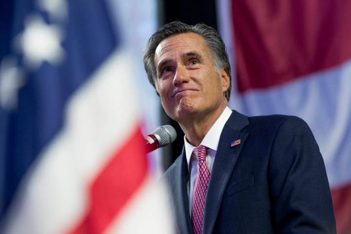 FILE - In a Saturday, April 21, 2018, file photo, U. S. Senate candidate Mitt Romney delivers h ...