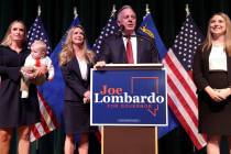 Nevada Gov.-elect Sheriff Joe Lombardo gives a victory speech at his alma mater, Rancho High Sc ...