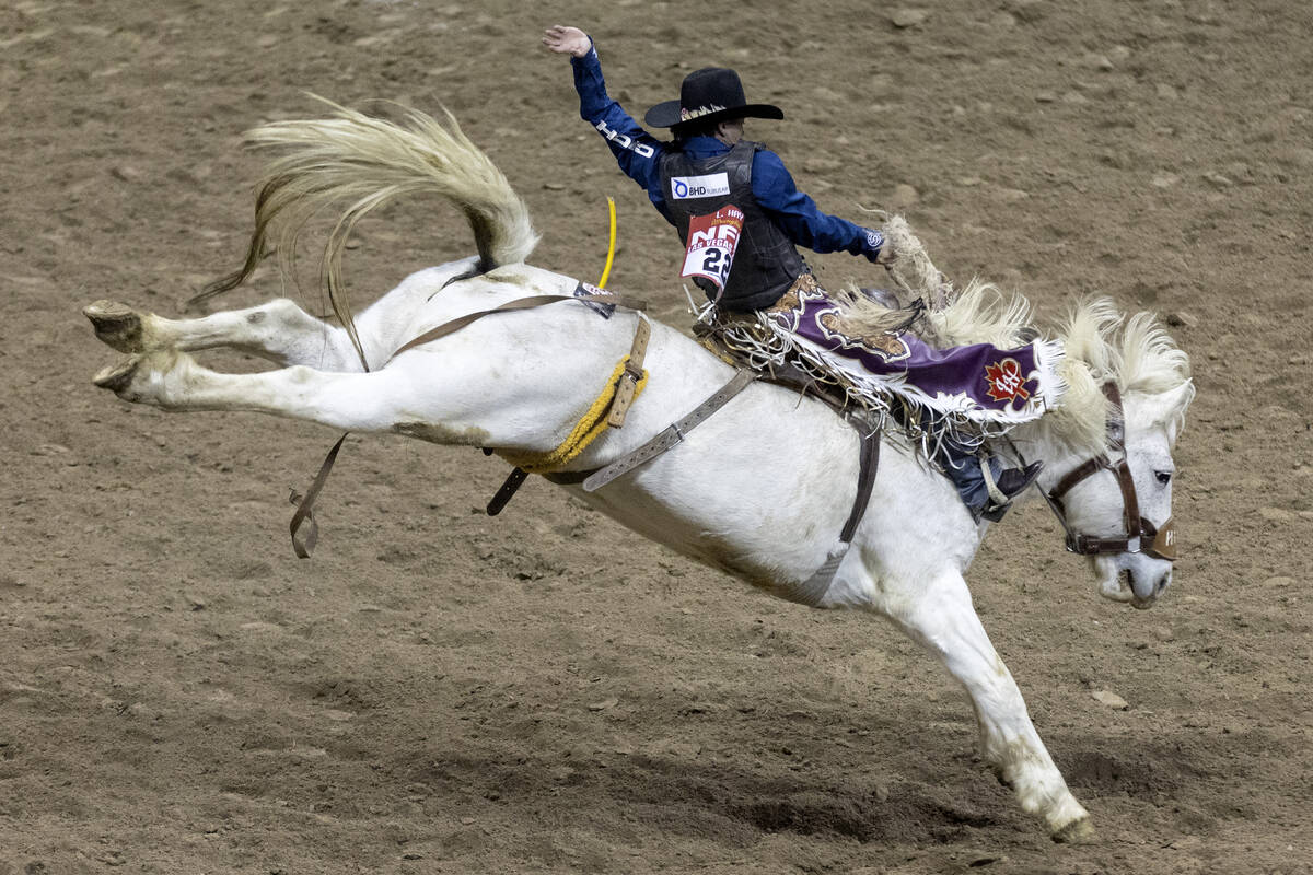 Logan Hay, of Wildwood, Alberta, Canada, competes in saddle bronc riding during the seventh go- ...