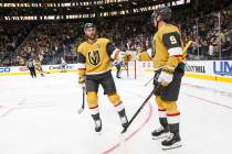 Golden Knights center Jack Eichel (9) celebrates his goal against the Los Angeles Kings with de ...