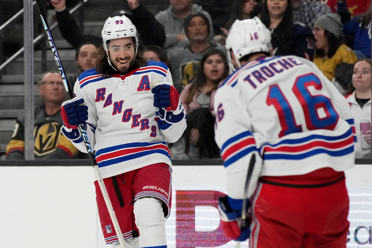 New York Rangers center Mika Zibanejad (93) celebrates after scoring against the Vegas Golden K ...