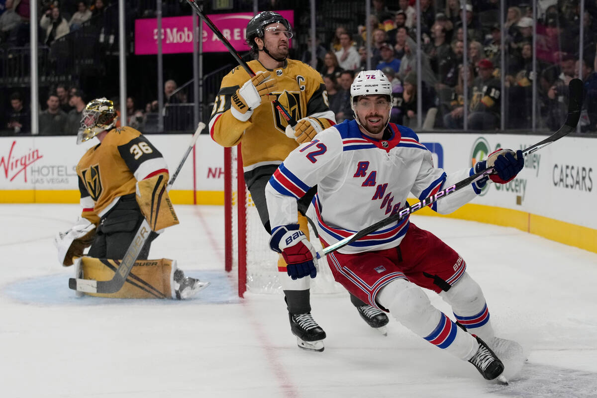 New York Rangers center Filip Chytil (72) celebrates after scoring against theVegas Golden Knig ...