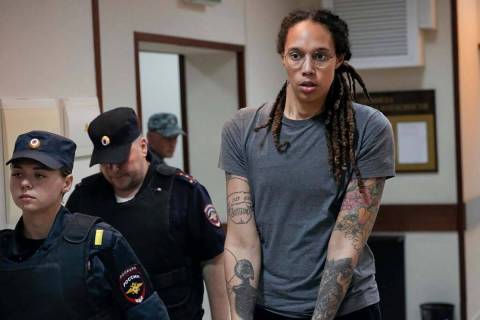 FILE - WNBA star and two-time Olympic gold medalist Brittney Griner is escorted from a courtroo ...