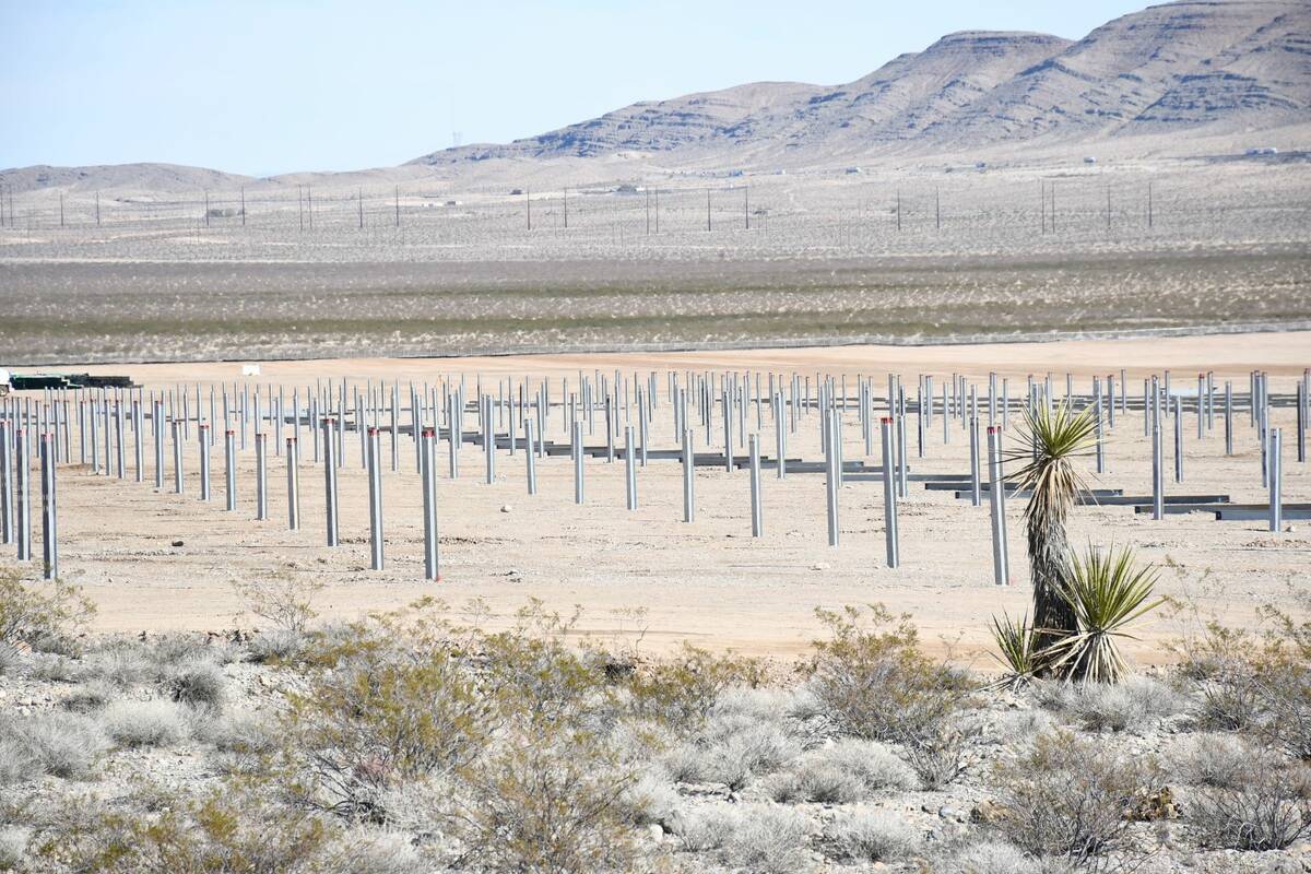 An overview of construction on NV Energy's 150 megawatt Dry Lake Solar project in Clark County, ...