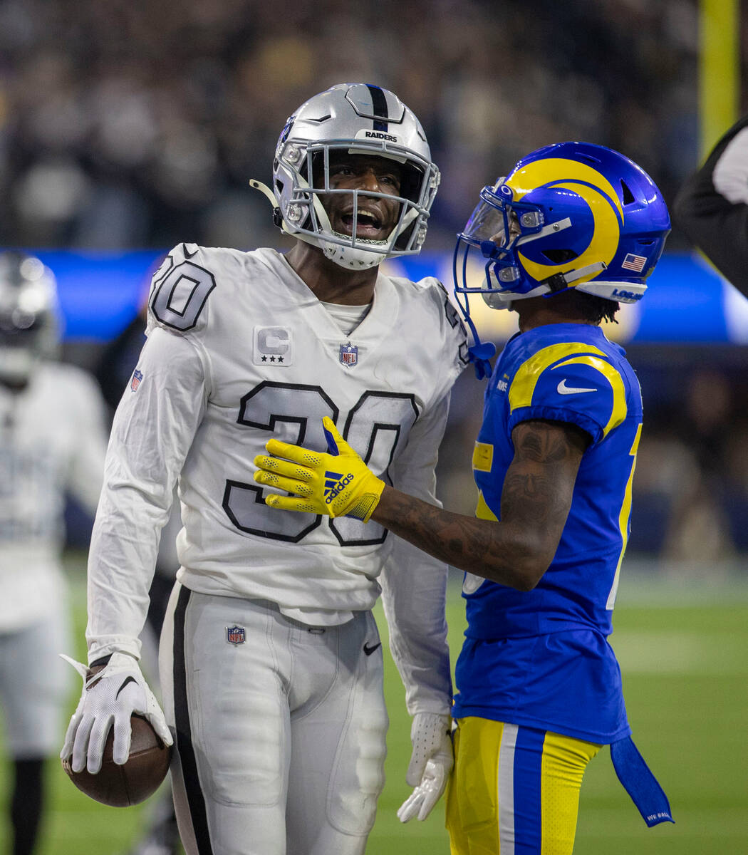 Raiders safety Duron Harmon (30) reacts to a call that reversed an interception he had as Los A ...