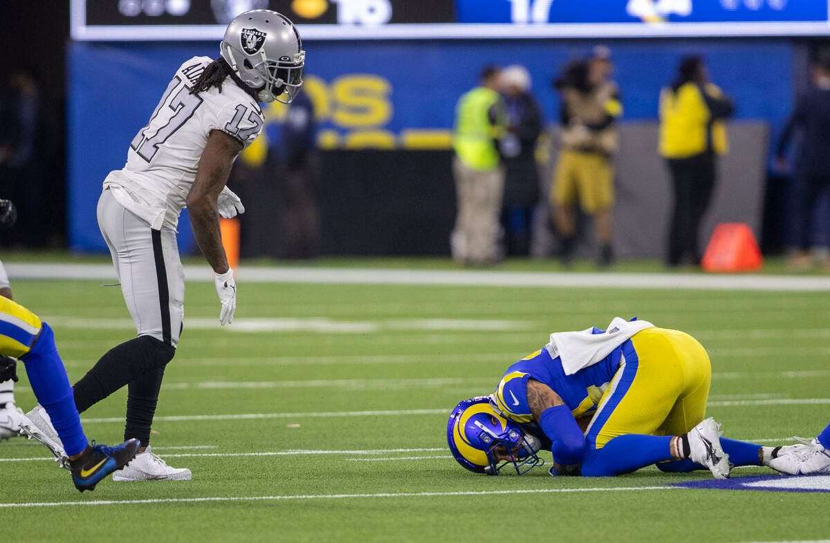 Los Angeles Rams cornerback Troy Hill (2) intercepts a pass intended for Raiders wide receiver ...