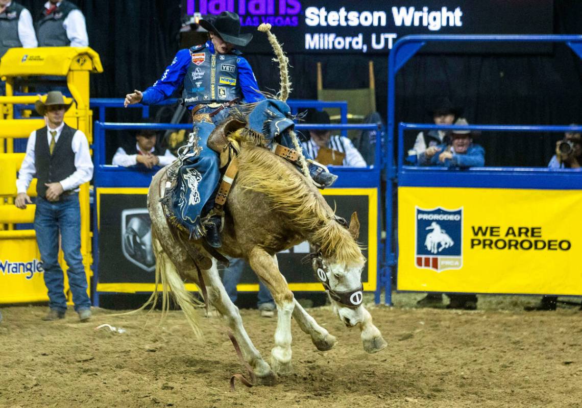 Stetson Wright of Milford, Utah, dominates on his ride in Saddle Bronc Riding during the Nation ...