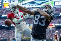 Arizona Cardinals safety Jalen Thompson (34) knocks away a touchdown pass in the end zone to Ra ...