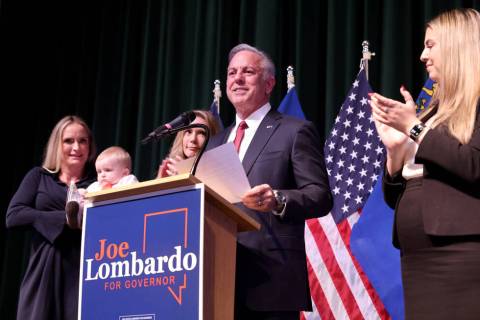 Nevada Gov.-elect Sheriff Joe Lombardo gives a victory speech at his alma mater, Rancho High Sc ...