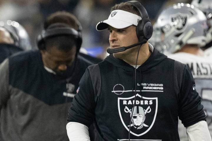 Raiders head coach Josh McDaniels looks on from the sideline during the second half of an NFL g ...