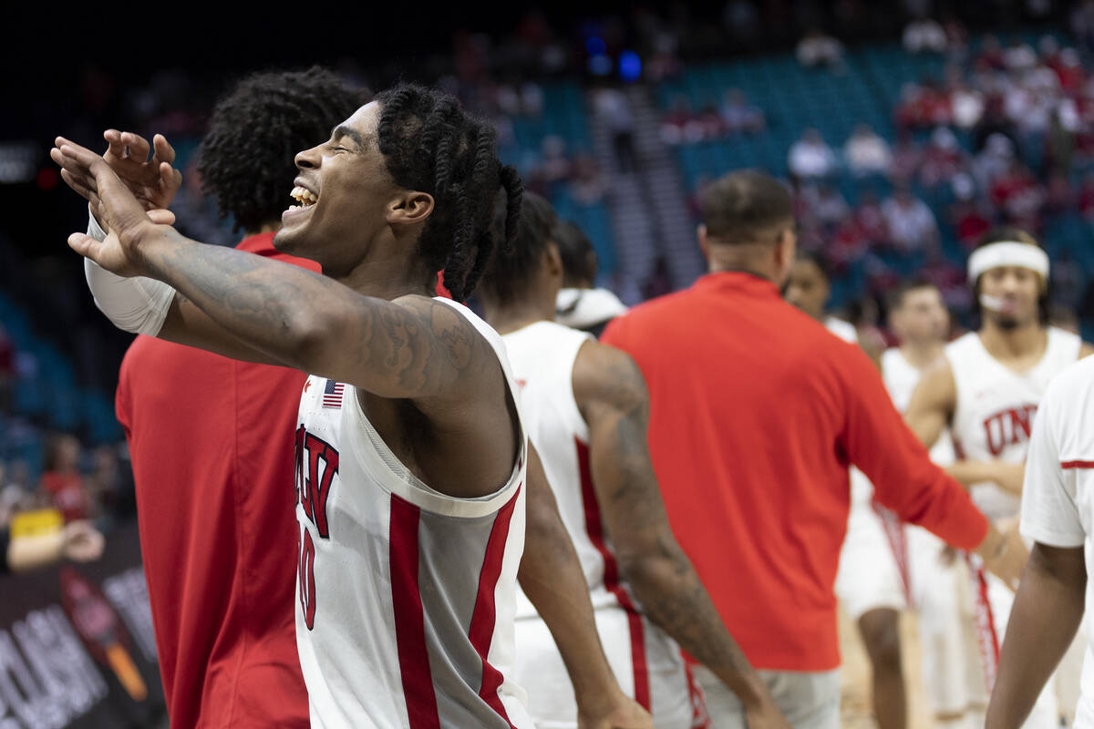 UNLV Rebels guard Keshon Gilbert (10) celebrates after winning an NCAA college basketball game ...